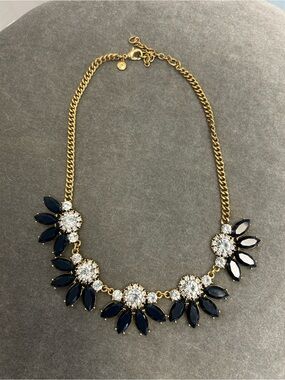 J.Crew Navy Blue Faceted Gold Statement Necklace Clear Crystal Floral Pattern